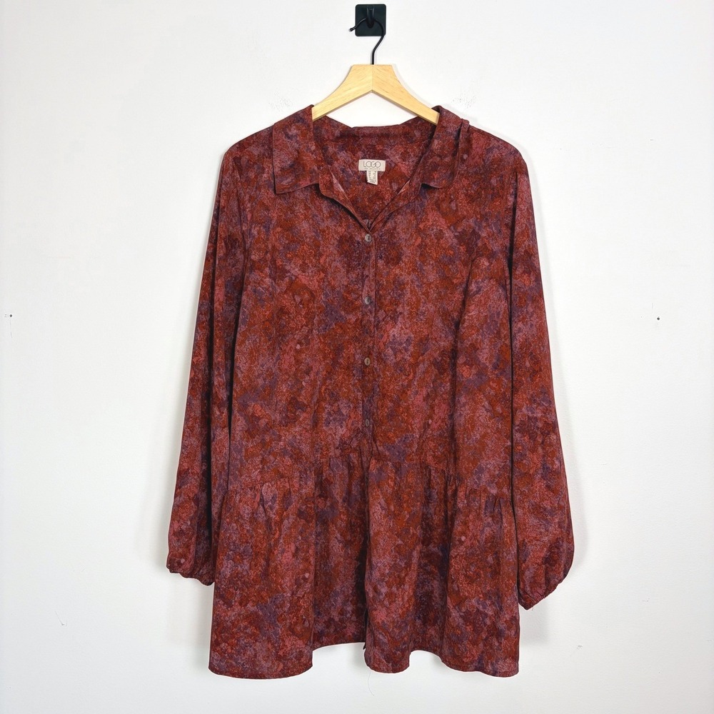 LOGO by Lori Goldstein Tunic Shirt Long Sleeve Button Up 1X Peplum Blouse Woven - Picture 2 of 6